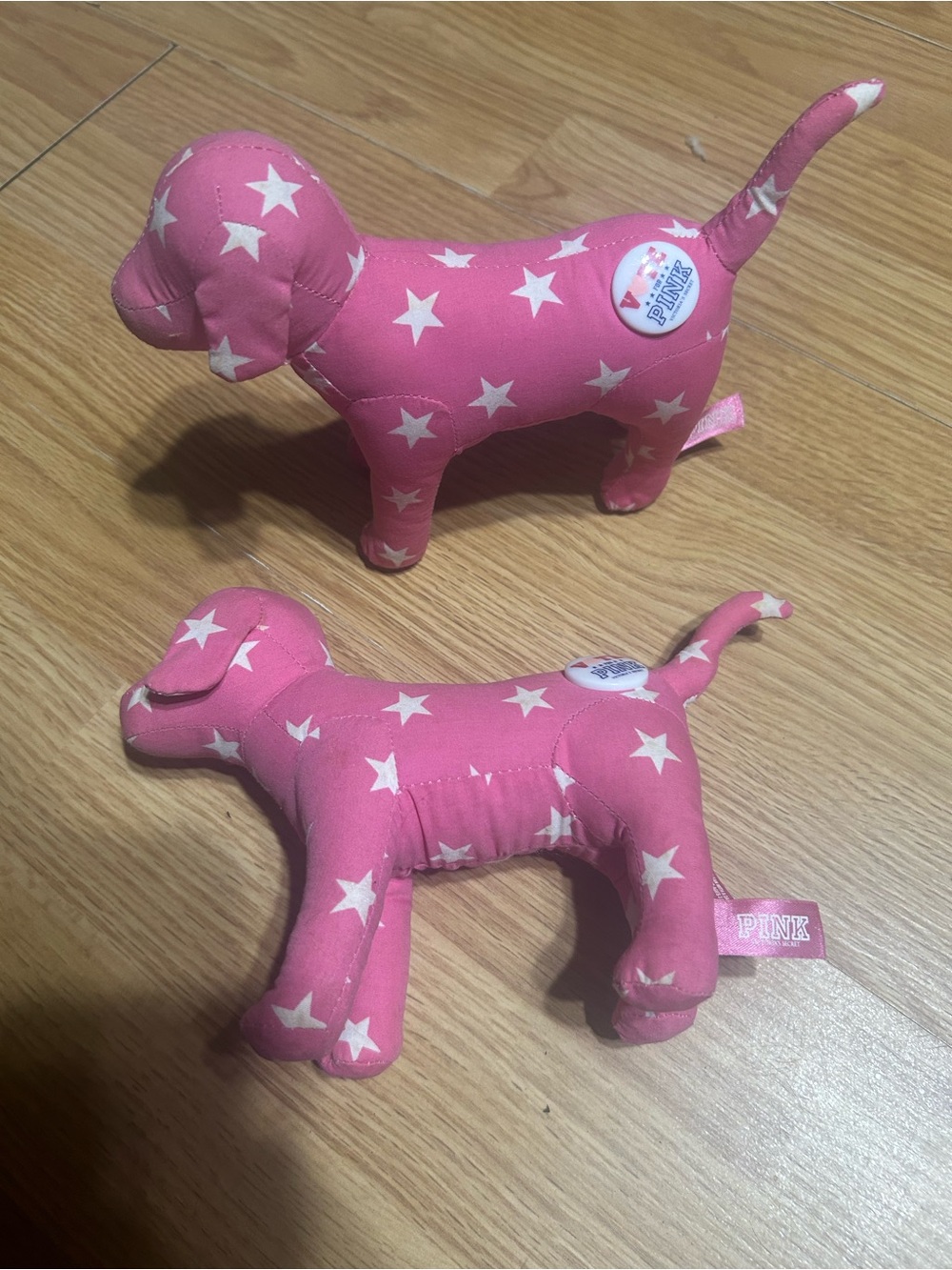 2x collectible Victoria's Secret mini PINK plush dogs w removable button pins
